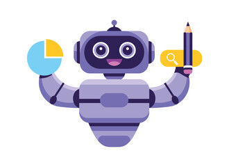 Cartoon AI robot assistant holding business and analytics tools, focused on data analysis and SEO automation. Vector illustration of artificial intelligence in action for business and technology.