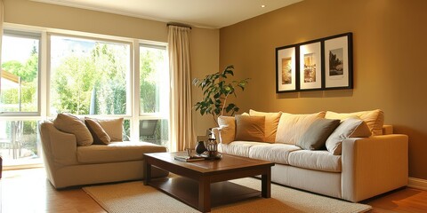 A comfortable living room featuring furniture and natural sunlight streaming through windows