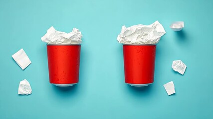 Two red cups surrounded by crumpled paper on a blue background create a vibrant yet cluttered visual in a playful artistic arrangement