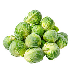 Fototapeta premium Fresh brussel sprouts stacked on white background showcasing vibrant green color and natural texture, fresh brussel sprouts isolated on white background