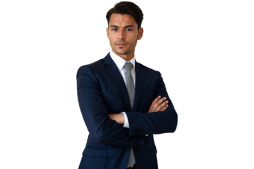 Confident Young Businessman in a Formal Navy Suit with Folded Arms, isolated on transparent background