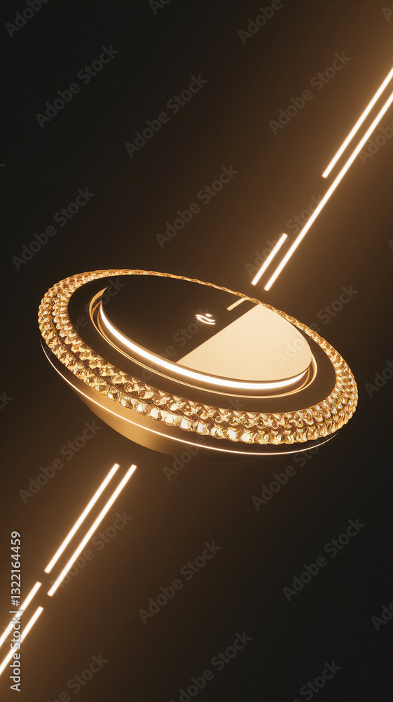 Poster gold circular platform with textured border, illuminated from below, set against a dark background w