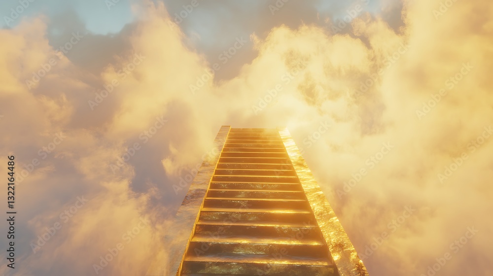 Poster a golden staircase ascending into the clouds, surrounded by soft rays of light