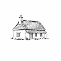 Cozy Cottage Illustration: A charming, hand-drawn illustration depicts a quaint cottage with a tiled roof, chimney, and inviting windows, evoking a sense of warmth and rustic simplicity.