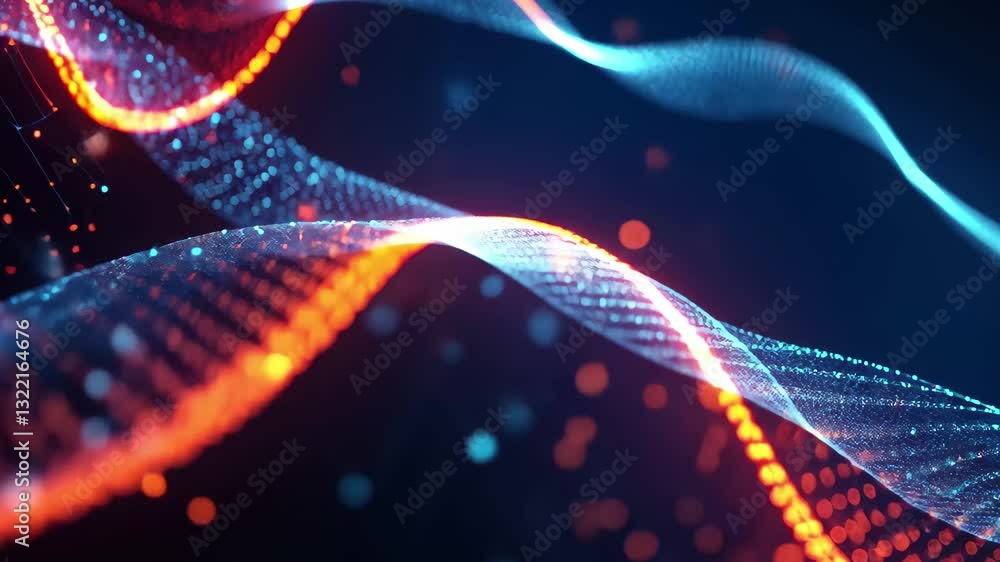 Poster dna strand dynamically spinning with data processing on a blue background, representing modern biolo