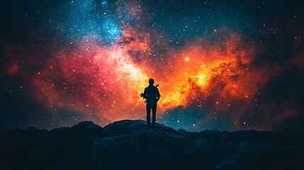 Fototapeta premium A vivid cosmic view with a telescope observing bright constellations in a colorful starry sky