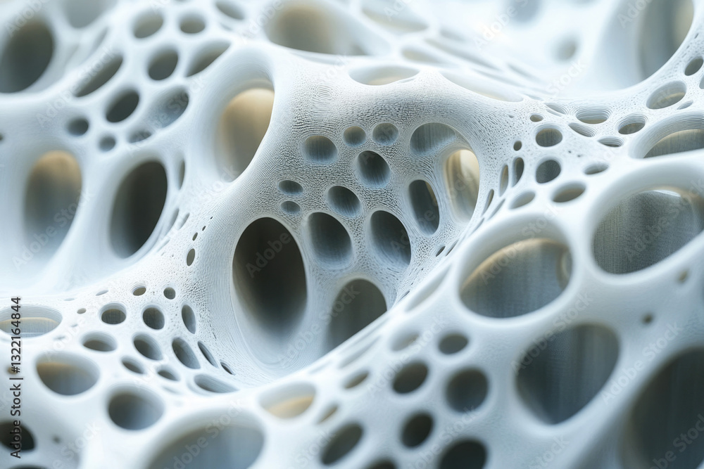 Poster Abstract 3D rendering of a porous, organic-looking structure with interconnected cavities.