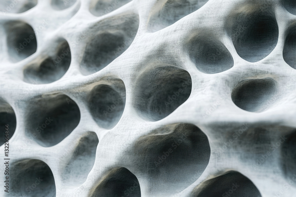 Poster Abstract 3D render of a porous, textured surface with irregular cavities and a woven, net-like structure.