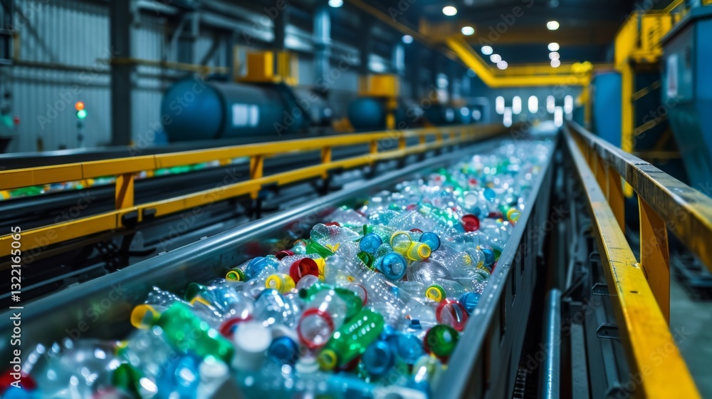 Fototapete plastic bottles are being sorted on a conveyor belt in a recycling facility. workers oversee the pro