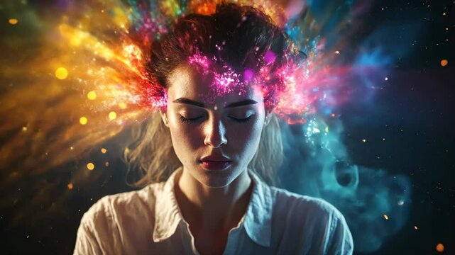 Woman with vibrant colors emanating from her head during a creative moment in a dark environment, captivating artistic expression