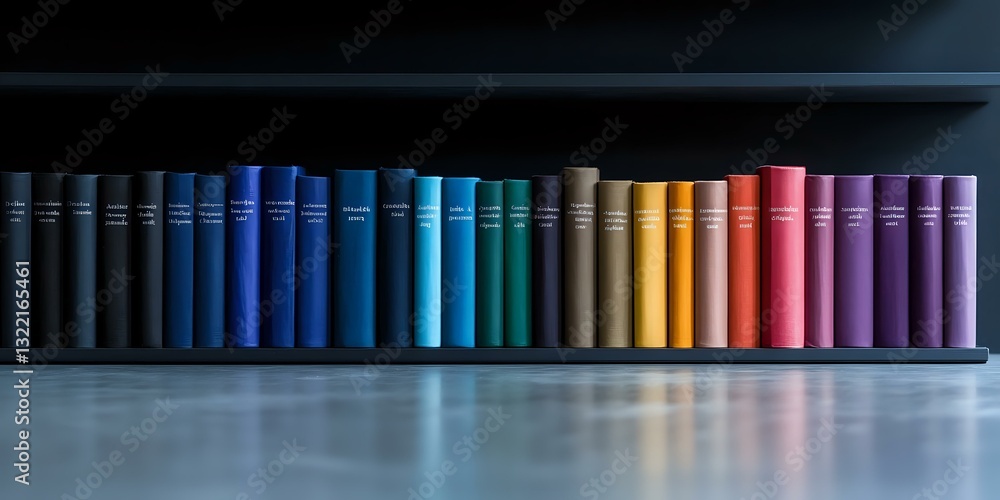 Aufkleber row of colorful books arranged in rainbow spectrum order on dark shelf against black background, cre