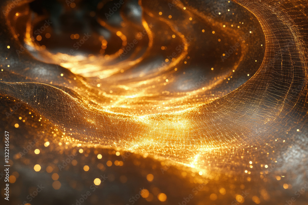 Poster Glowing golden particles forming a dynamic, undulating wave pattern, creating an ethereal and luxurious visual effect.