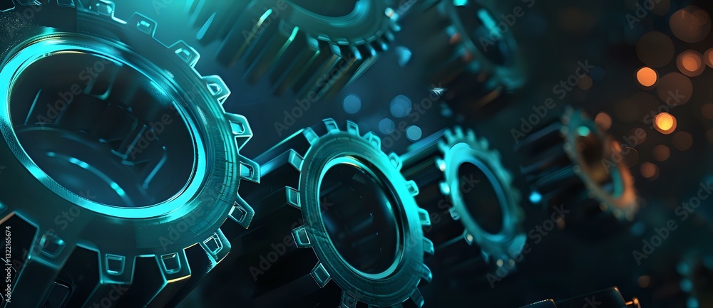 Poster glowing turquoise mechanical gears in motion against dark background with bokeh lights, representing