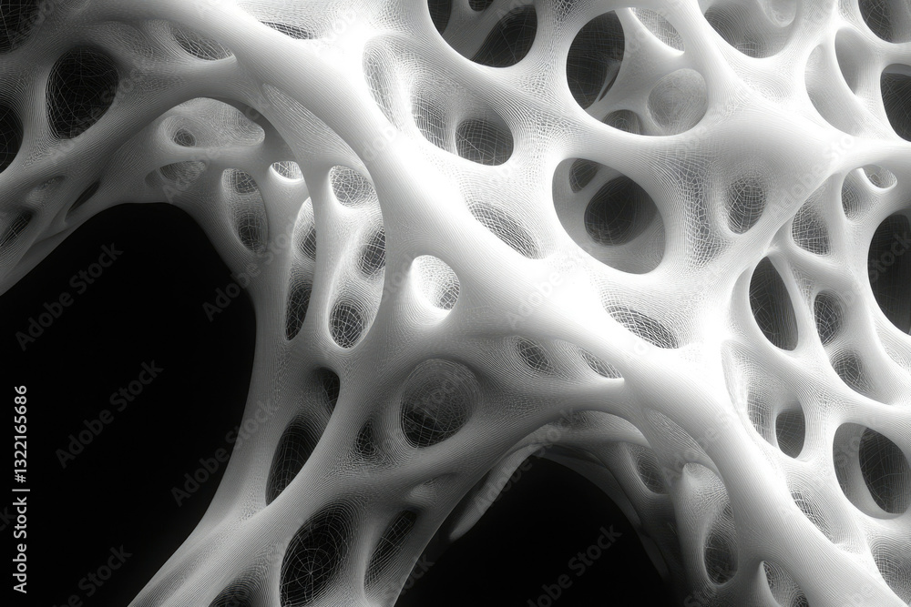 Poster Abstract 3D rendering of a complex, organic, porous structure resembling a network or sponge.