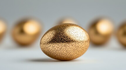 Golden metallic egg with textured surface on blurred background, symbolic of wealth, prosperity and luxury investment concept. Financial growth metaphor.