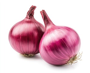 Fototapeta premium Two vibrant, deep red onions, close-up, isolated on white. Fresh, whole, and ready to use in culinary creations. Their firm, glossy skin hints at their quality and potential
