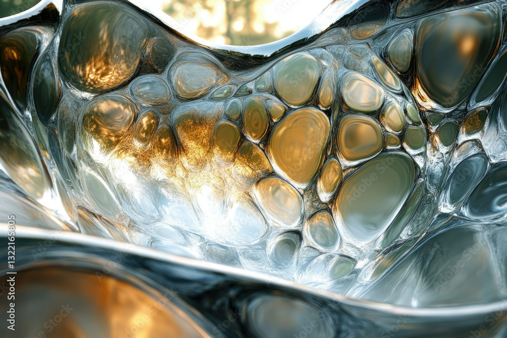 Poster abstract metallic surface with flowing, bubble-like formations reflecting warm light.