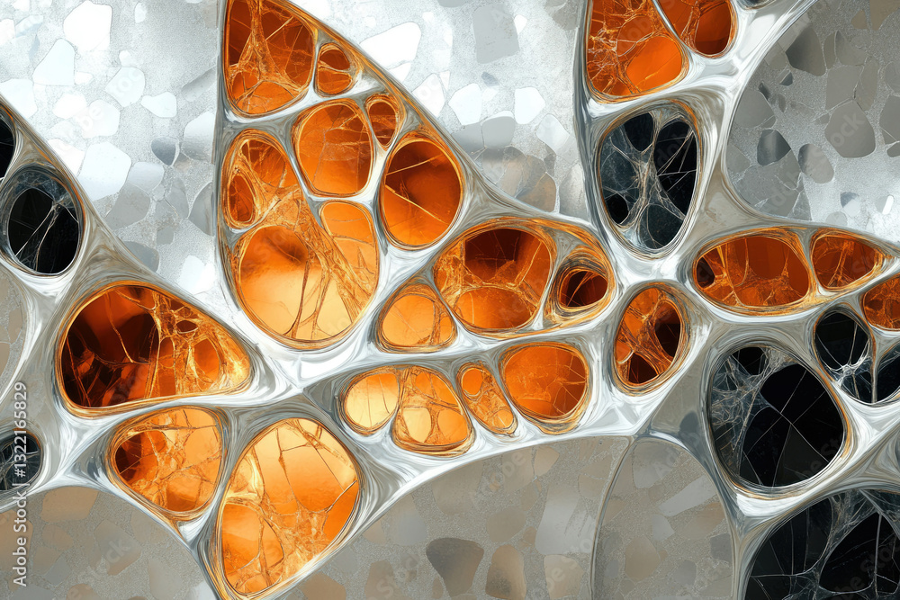 Poster abstract 3d rendering of interconnected metallic organic shapes with gold and silver hues, creating 