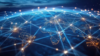 Conceptual image of the global network of fiber-optic cables mapped out across the oceans, with bright lines connecting continents, symbolizing worldwide communication