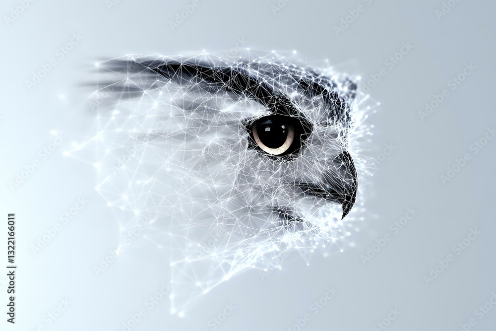 Poster artistic owl portrait with dispersing particle effect shows piercing yellow eye and sharp beak again