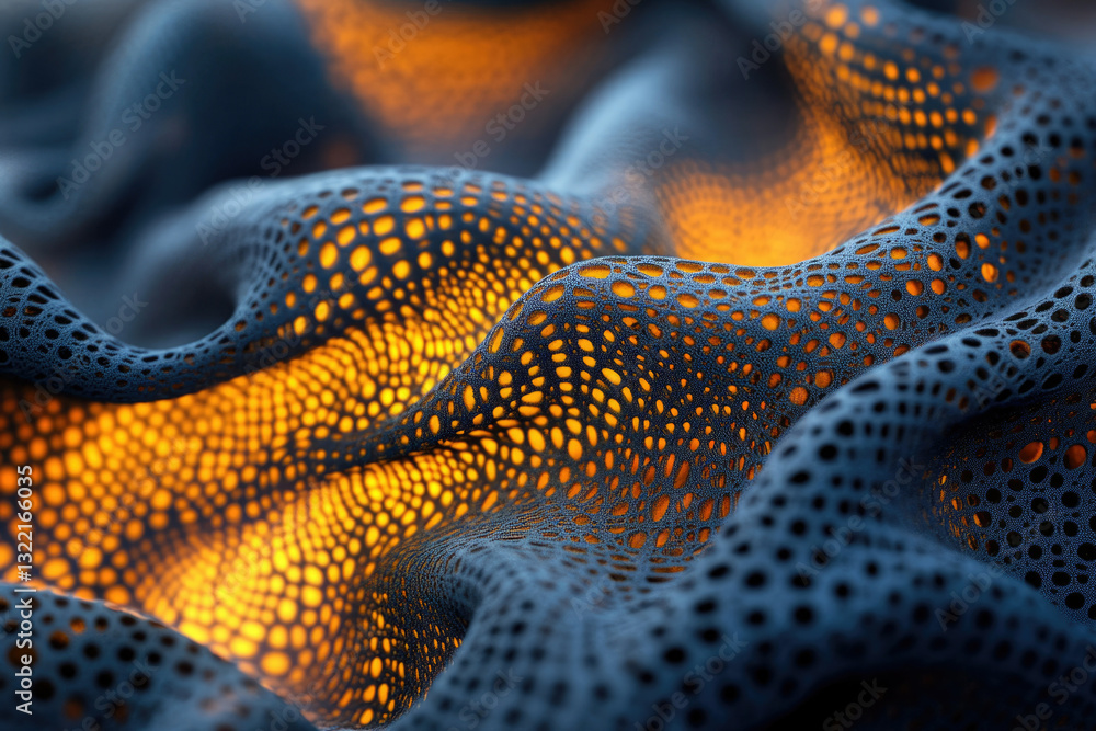 Poster abstract 3d render of dark blue fabric with holes, illuminated from below with warm orange light, cr