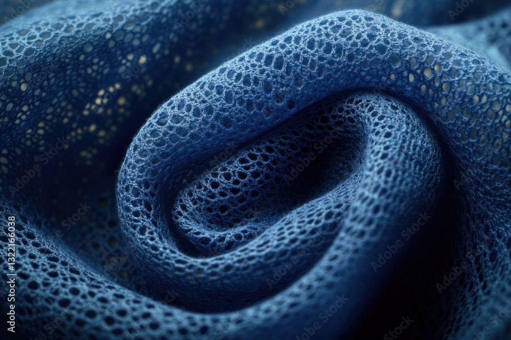 Poster close-up of textured, dark blue fabric with intricate lace-like pattern, swirling in a soft, elegant