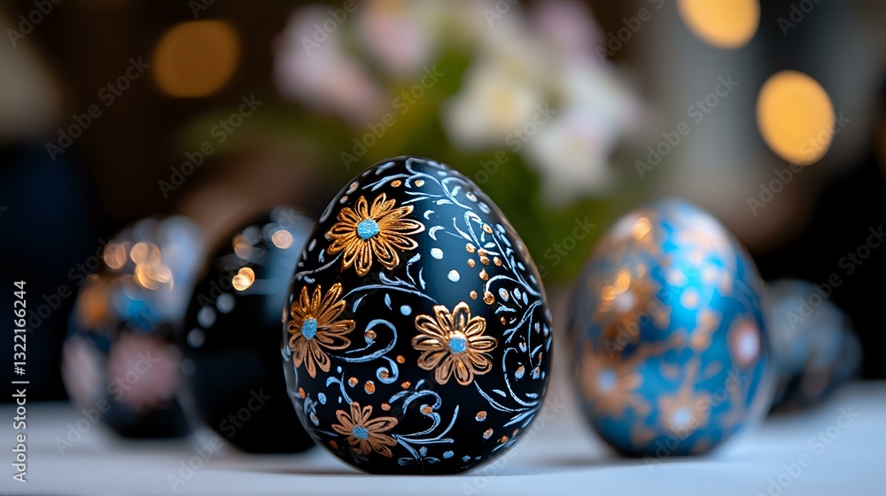 Poster decorative easter eggs with intricate floral folk art pattern in blue and gold colors on dark backgr