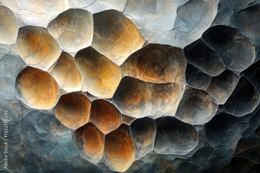 Poster Abstract image of a textured surface resembling a honeycomb or volcanic rock formation with deep crevices and varying shades of gray, brown, and orange.