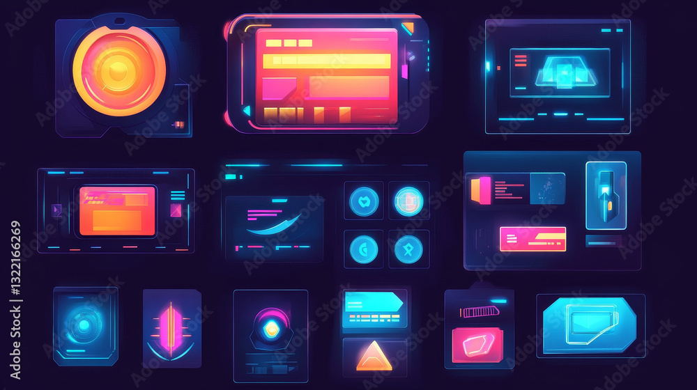 Poster game frame. streaming interface elements, button icon frame futuristic layout asset, hud live broadc