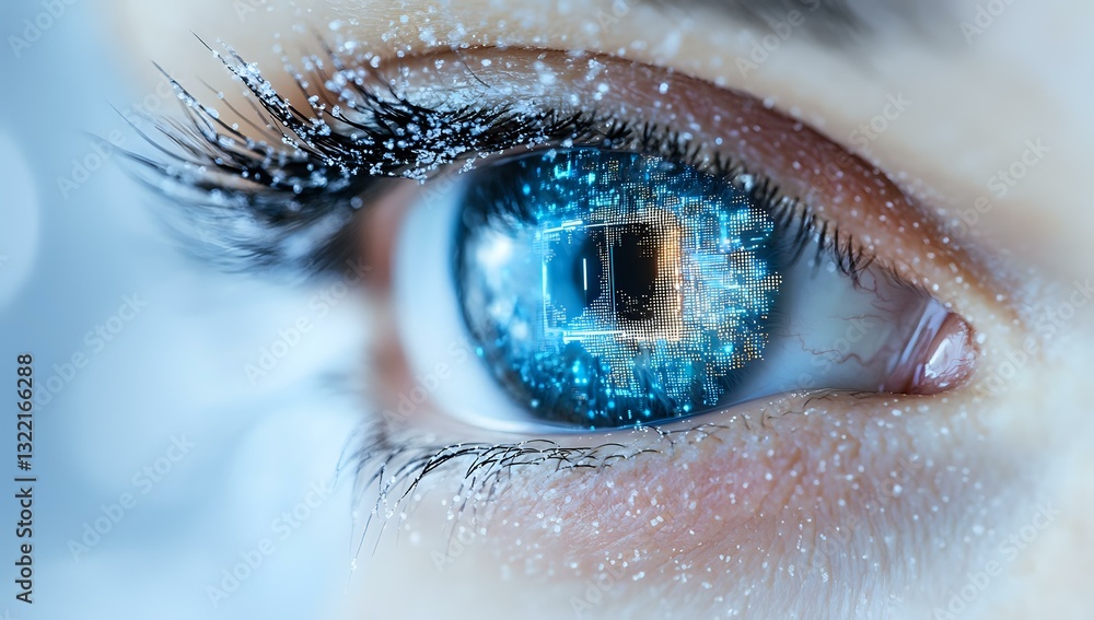 Poster macro shot of bright blue eye with digital technology effect, sparkles and binary code reflections s