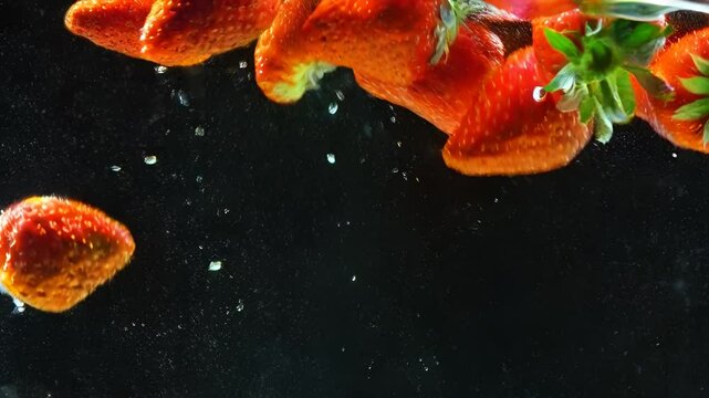 Erdbeeren fallen ins Wasser und tauchen ein 