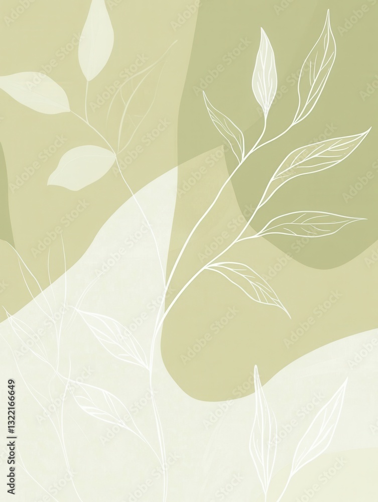Aufkleber Elegant botanical line art design with soft green background featuring subtle leaf textures and balanced patterns