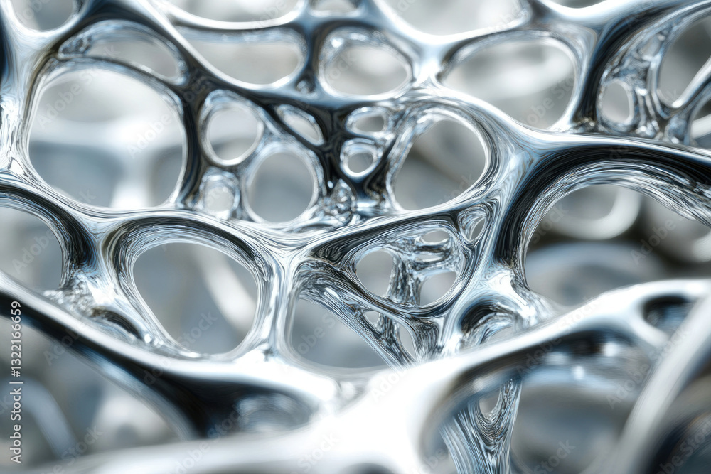 Poster Abstract 3D rendering of a metallic, interconnected, organic structure with fluid, flowing forms and reflective surfaces.