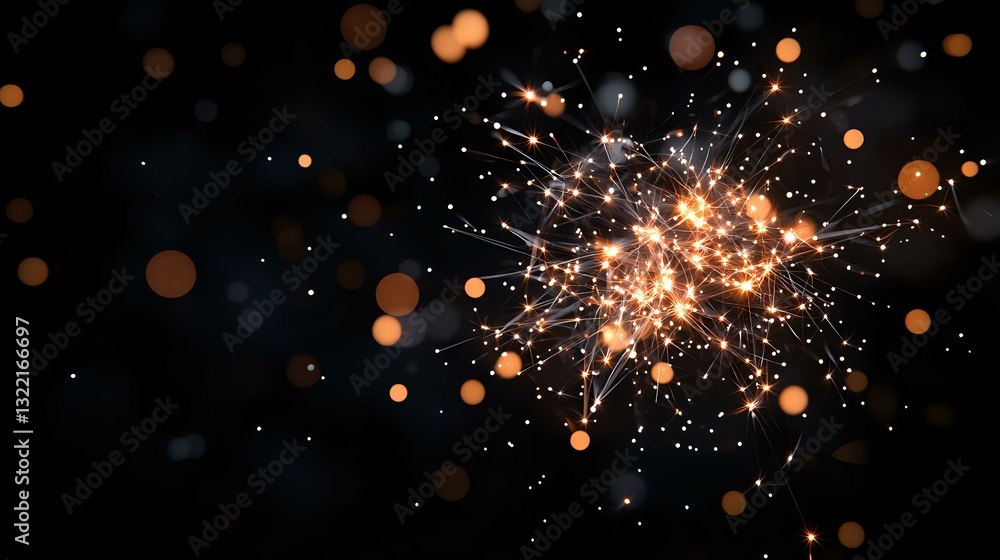 Poster glowing orange firework explosion against dark night sky with bokeh light effects and sparkling part