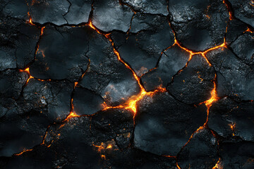 Cracked dark volcanic rock surface with glowing lava fissures. Intense heat and fiery texture.