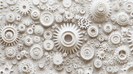 Gear wheels. Realistic 3d white cogs and gears mechanism. Teamwork cooperation machine symbolism. Engineering and technology vector. Cooperation and connection, technical equipment