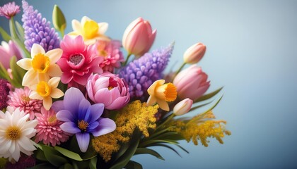 Vibrant Bouquet of Spring Flowers in Full Bloom, Radiating Joy and Vitality, Blending Soft Pastels with Rich Hues at Dusk.