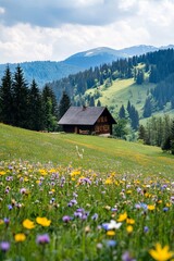 Fototapeta premium A wooden hut nestled among green hills and mountains, surrounded by lush evergreen trees