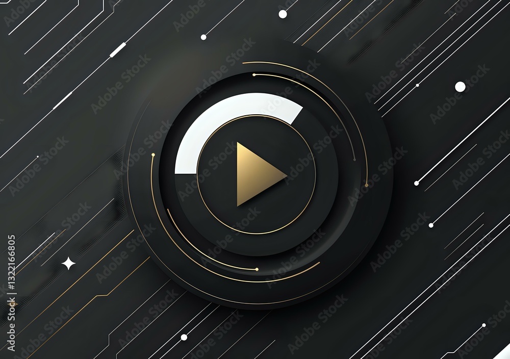 Poster modern play button icon with gold and white elements on dark abstract technological background with 