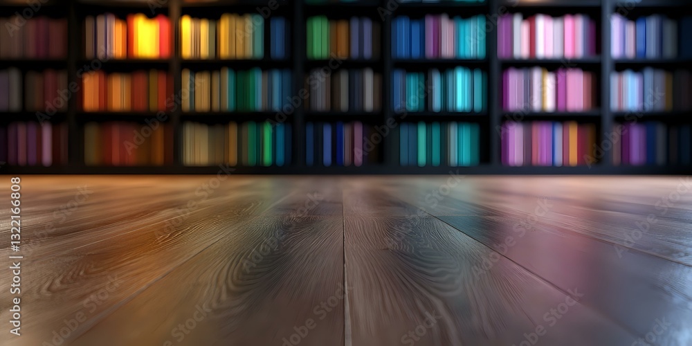 Poster empty wooden floor with blurred colorful bookshelf background creating atmospheric perspective. mult