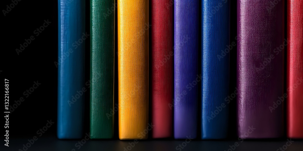 Aufkleber colorful book spines arranged in row against black background create vibrant rainbow pattern, highli