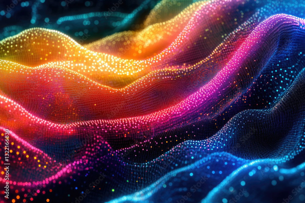 Poster Abstract colorful wave of glowing particles, dynamic digital flow, vibrant hues.