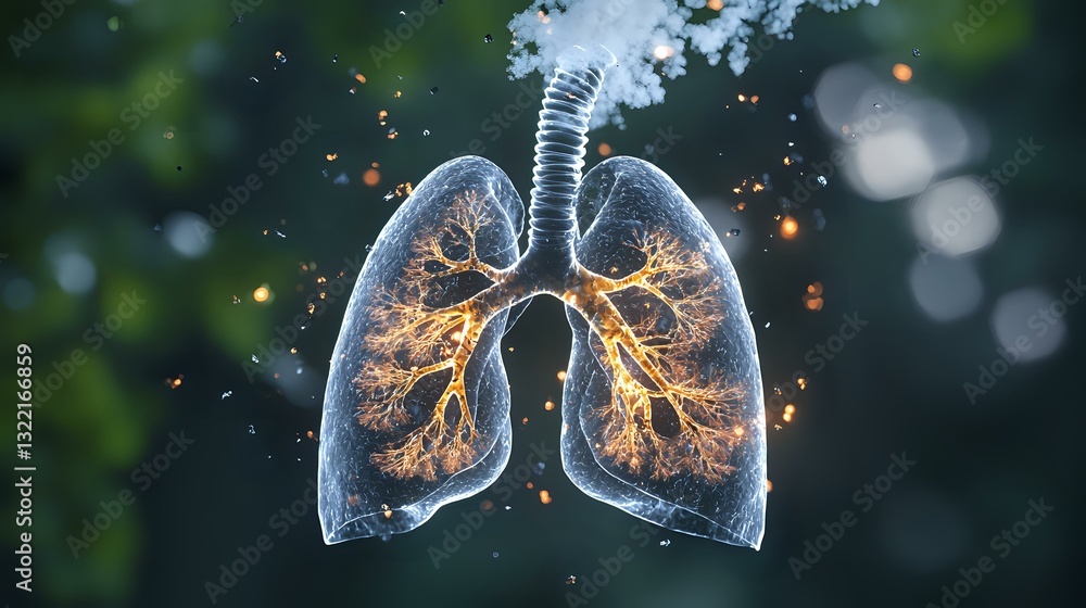 Poster glowing translucent human lungs with golden light effect on dark background with bokeh and sparks, m