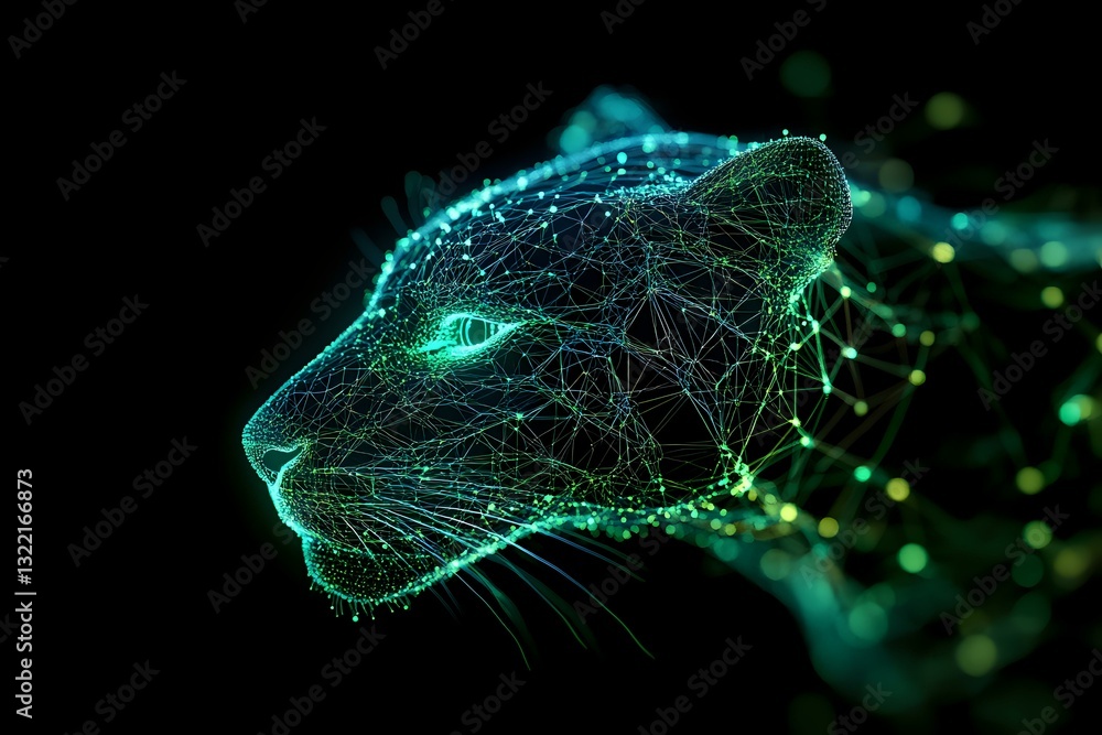 Poster digital network visualization of panther head profile with glowing turquoise particles and connectin