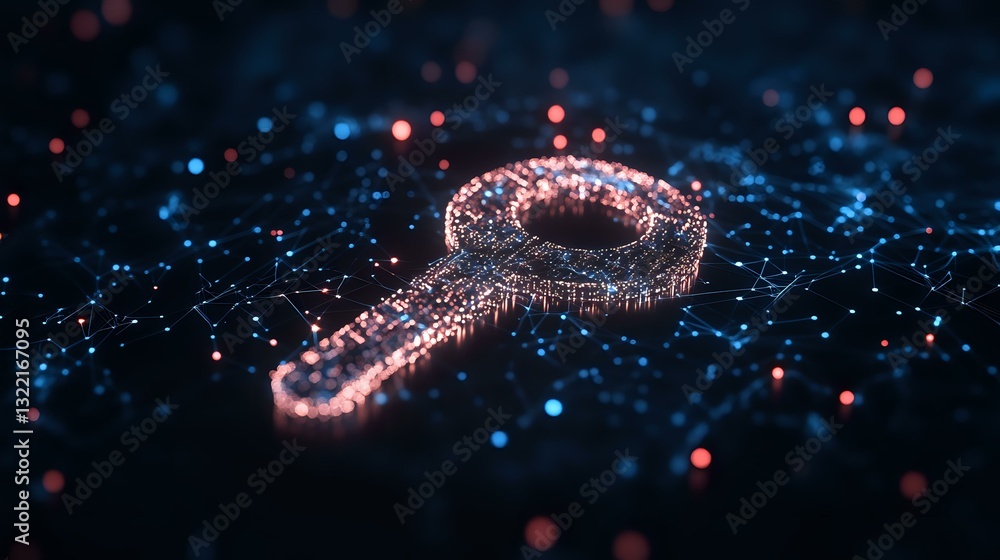 Poster glowing digital key shape with particles on dark background creates futuristic cybersecurity concept