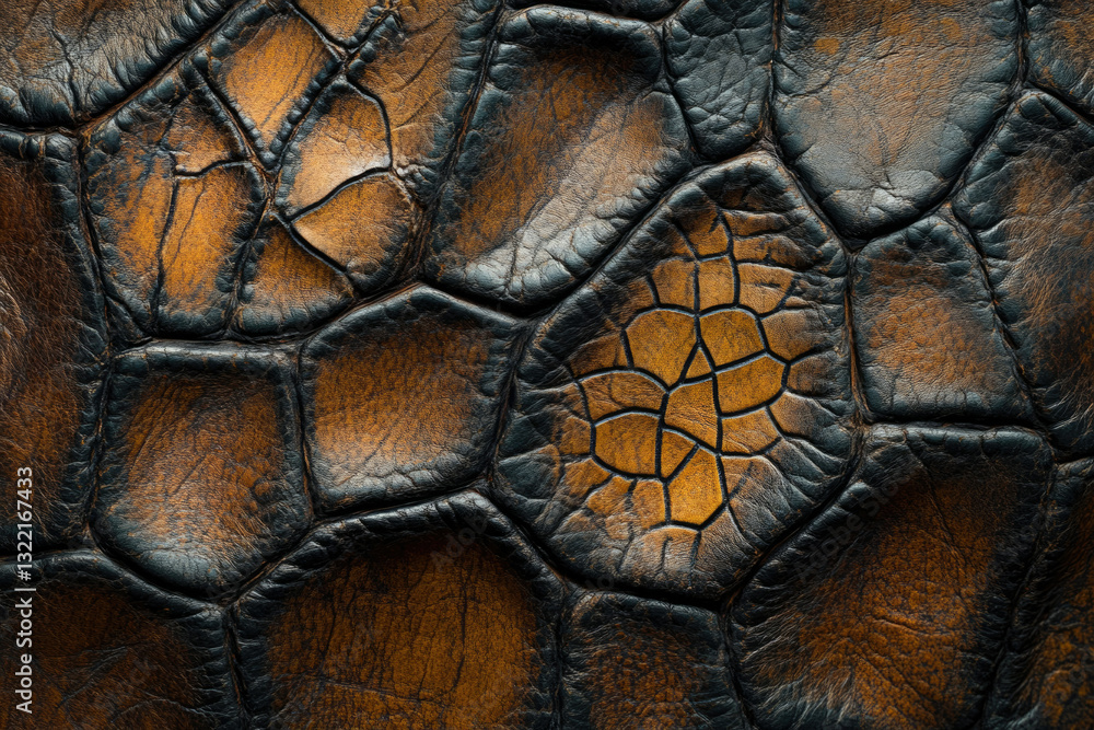 Poster close-up of textured leather with dark and brown hues resembling a tortoise shell.