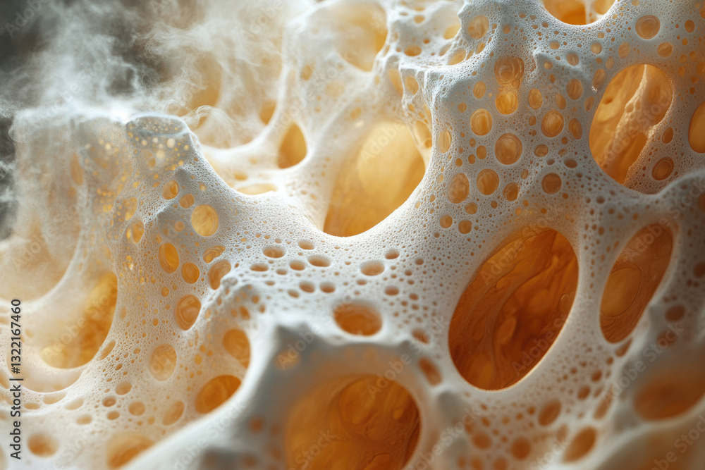 Poster close-up of beer foam, exhibiting intricate porous structure and texture with rising steam.