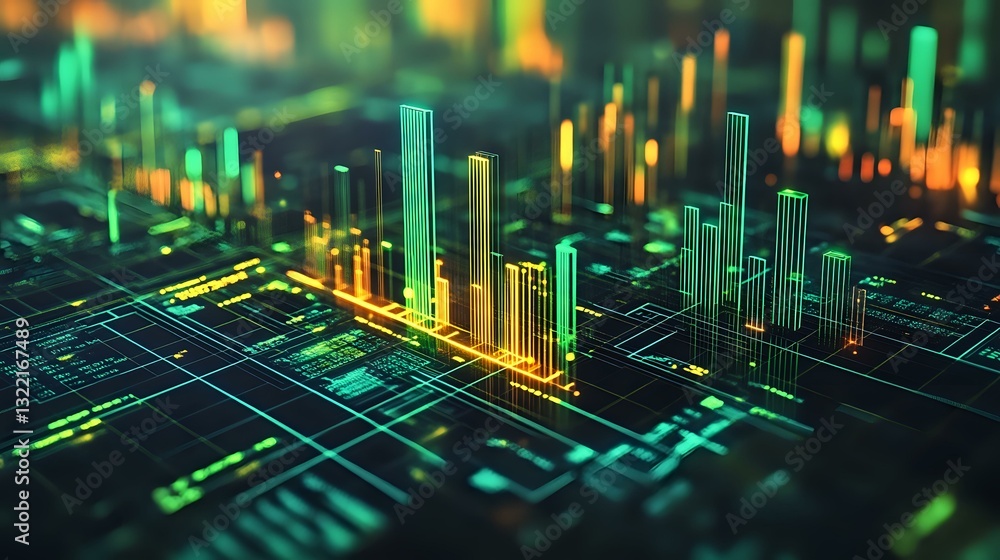 Poster glowing green and yellow financial chart bars rise from digital grid surface showing market data ana