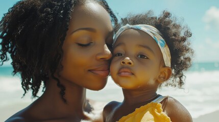 Young mother applying protective sunscreen on daughter nose at beach with copy space. Black woman hand putting sun lotion on female child face. African american cute little girl with sunblock cream.