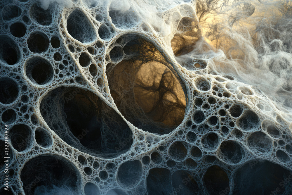 Poster intricate network of interconnected cavities resembling a porous, organic structure.